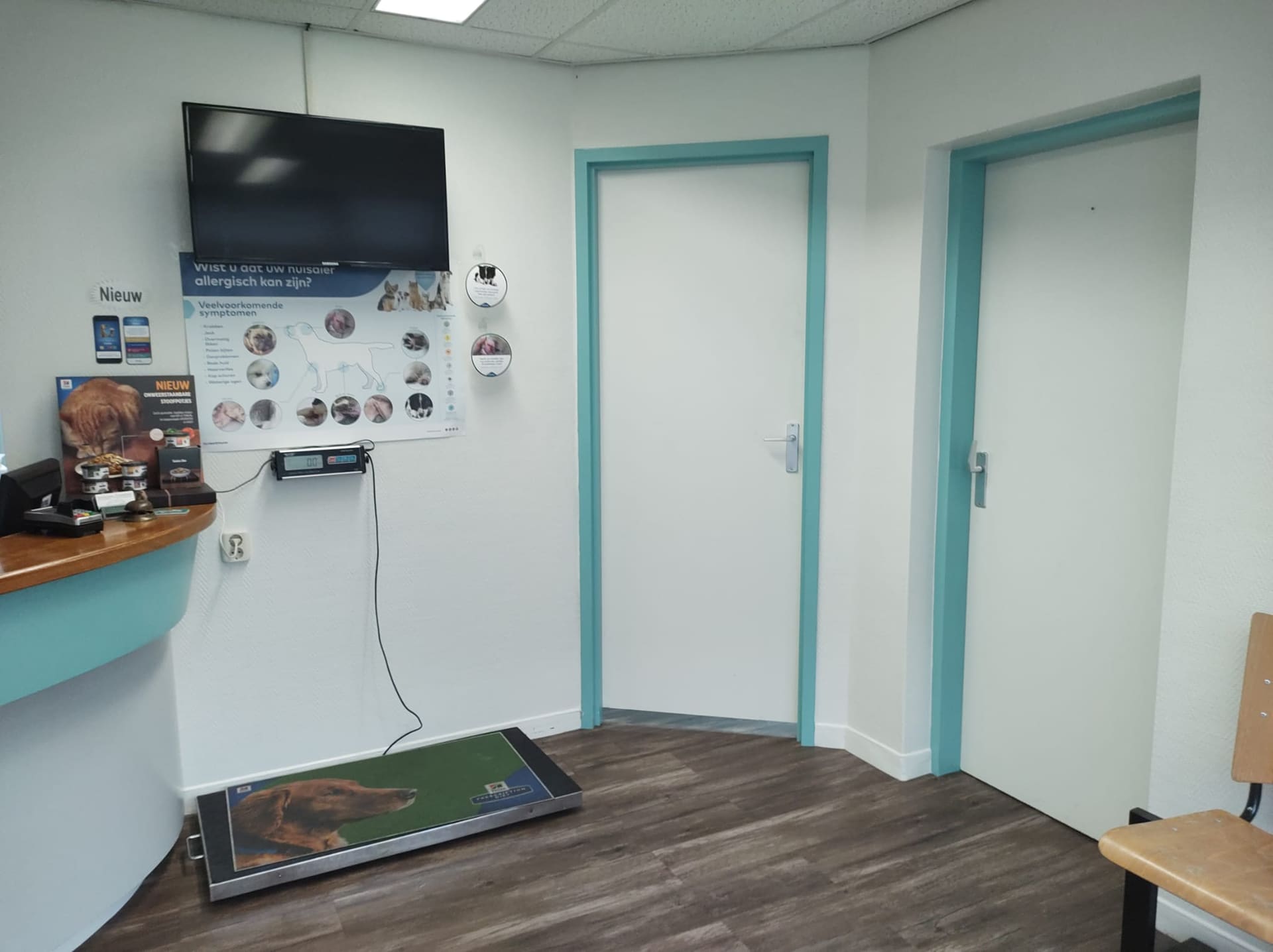 Hoek van de wachtruimte met twee deuren in turquoise kozijnen en een weegschaal op de houten vloer.